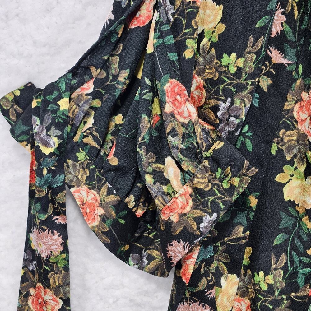 Banana Republic Black Floral Midi Shift Dress 3/4 Tie Sleeve Size 12 Cottagecore - Picture 9 of 16